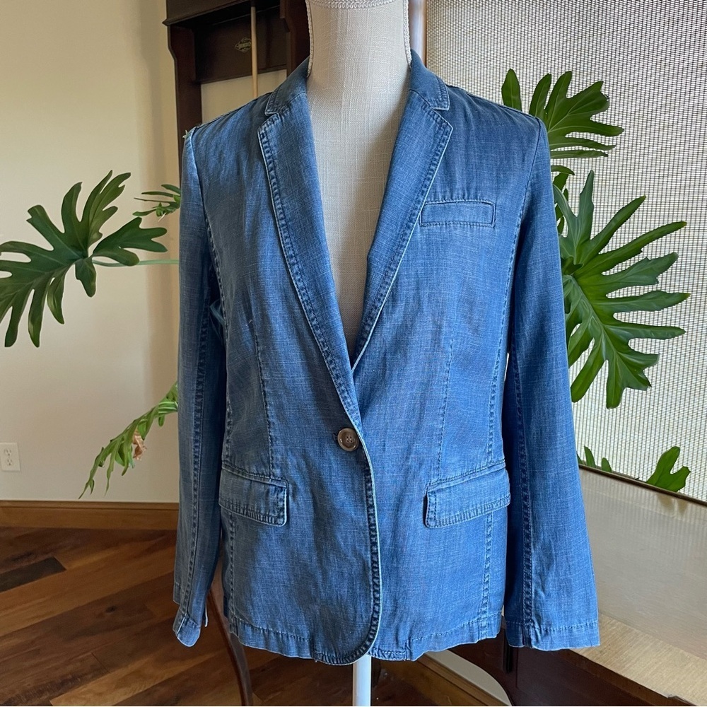 Talbots Chambray Denim Blue Blazer Lyocell Cotton Linen Blend size SP